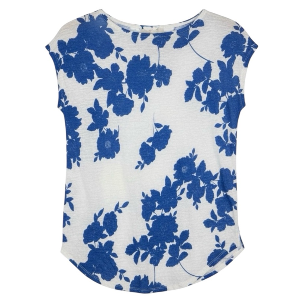 CYNTHIA ROWLEY 100% Linen Cap Sleeve Floral Top in Blue/White Size - Picture 5 of 9